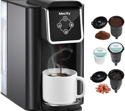 Mecity Coffee Maker 3 in 1 Single Serve Coffee Machine, Compatible with K cup Capsules, Instant Coffee Pot, Tea maker, 6,8,10 Oz Cup, Removable 50 Oz Water Reservoir, 120V 1150W, Dark Grey