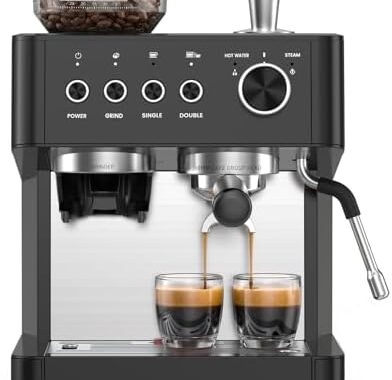 Kismile 20-Bar Espresso Coffee Machine with Built-in Grinder,Fast Heating System, Powerful Steam Wand for Silky Milk Foam, Large Removable Water Tank & Hot Water Function, Black