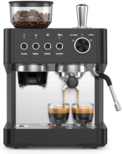 Kismile 20-Bar Espresso Coffee Machine with Built-in Grinder,Fast Heating System, Powerful Steam Wand for Silky Milk Foam, Large Removable Water Tank & Hot Water Function, Black